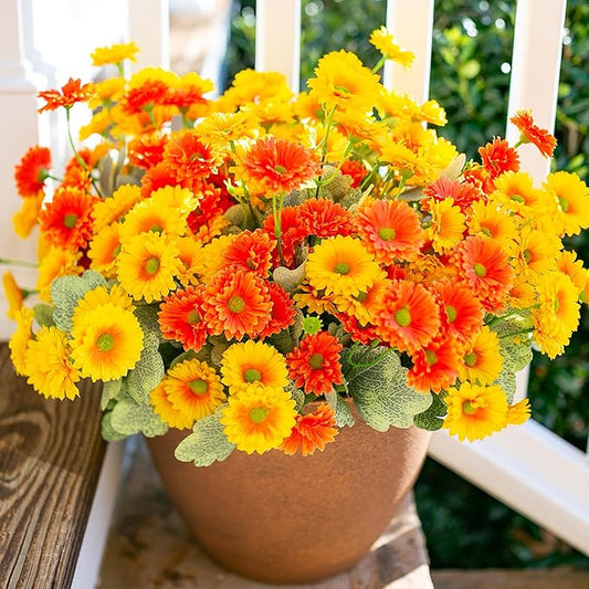 HyeFlora Dahlia Artificial Flowers for Outdoors Fake Plants Spring Decoration, 6 Bundles Realistic Silk Daisy UV Resistant Faux Flowers for Outdoor Planters Patio Porch Yard Garden Home, Orange Yellow