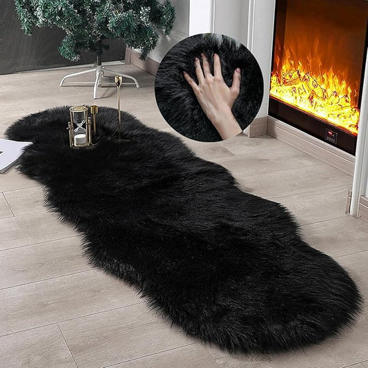 Faux Fur Rug Sheepskin Shag Fluffy Fuzzy Black 2x6 ft Runner Rugs for Bedroom Bedside Bed Floor Living Room Plush High-Density Cushion Carpet Super Sofa Cover