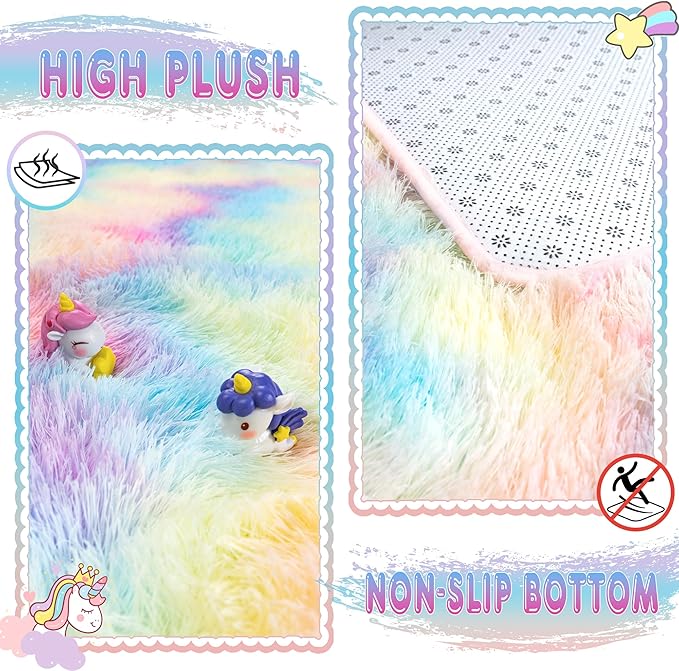 Super Fluffy Rug for Bedroom, 4x6 Shag Fuzzy Area Rug for Living Room Bedroom, Plush Soft Carpet for Girls Boys Kids, Non Slip Throw Rugs for Dorm, Modern Home Decor Aesthetic, Rainbow