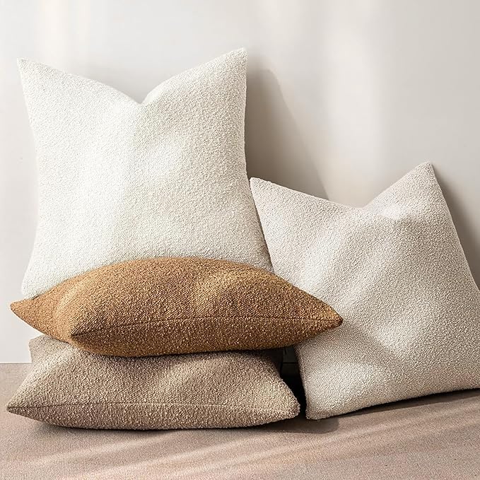 MIULEE 24x24 Christmas Decorative Euro Sham Throw Pillows for Bed Set of 2 Textured Boucle Neutral Winter Throw Pillow Covers Natural Beige Accent Solid Couch Pillowcase Sofa Livingroom Home Decor