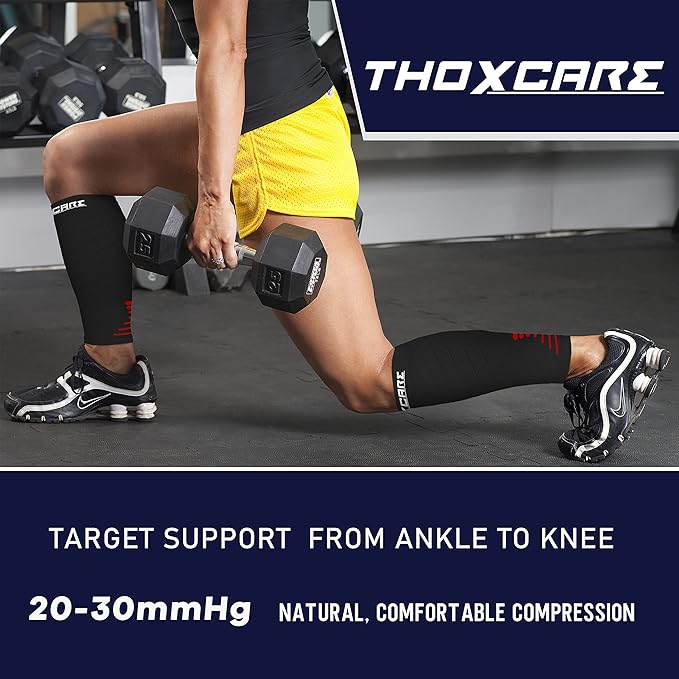 Thoxcare Calf Compression Sleeve for Men Women (2 Pairs), Leg Support Footless Compression Socks for Running - Shin Splint Varicose Veins Swelling & Pain Relief, Black/Red, Medium