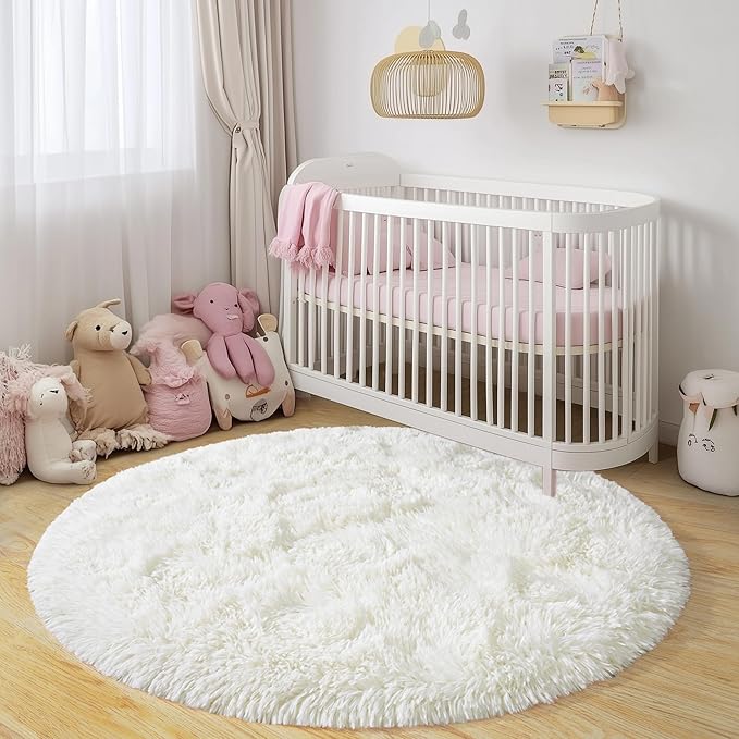Round Fluffy Rugs 4Ft for Girls Bedroom, Cream White Shag Circle Kids Rug Non-Slip for Bedside Dorm Nursery Playroom, Soft Cute Area Rugs for Living Room Decor