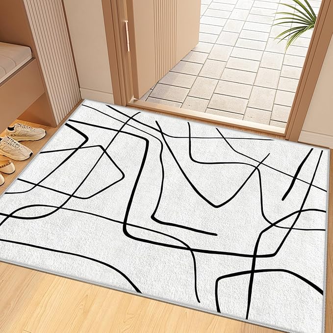 Black and White Rug - Abstract Area Rug, Black and White Rugs for Living Room, Modern Minimalist Washable Rugs, Contemporary Carpet Non Slip Home Decor, Curve 6x9