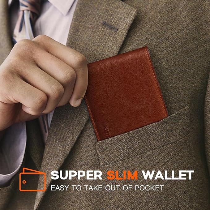 RUNBOX Wallet for Men Slim Leather Bifold RFID Blocking Minimalist Front Pocket Design with Gift Box