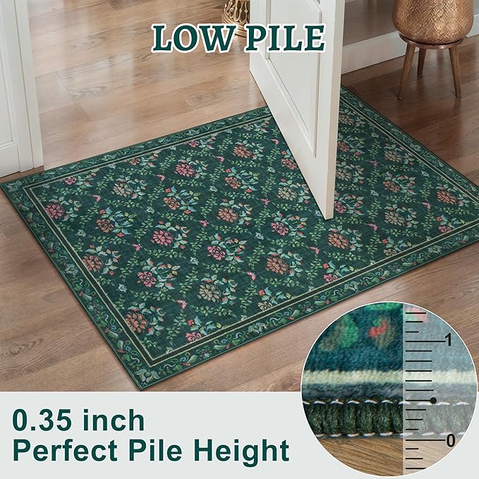 Tangsoo 2x3 Small Washable Entry Rug,Non Slip Green Floral Throw Area Rugs for Entryway,Front Door Mats Indoor Entrance Carpet for Kitchen Office Laundry, Soft Kids & Pets Friendly