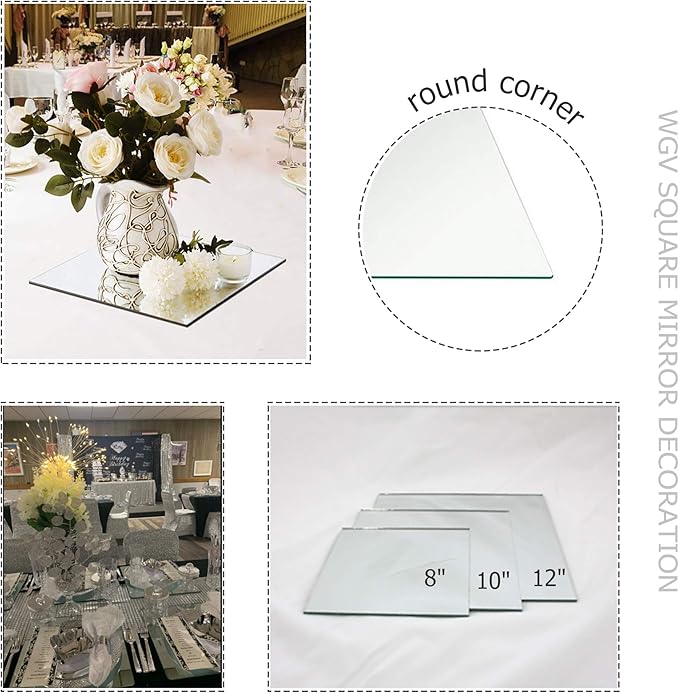 WGVI WGV Square Mirror Plate Sets Bulk 8" Width, 4.5 mm Thickness, Frameless Sanded Edges, Quality Thick Candle Tray, Home Event Party Wedding Table Centerpiece Wall Decor, 12 Pieces
