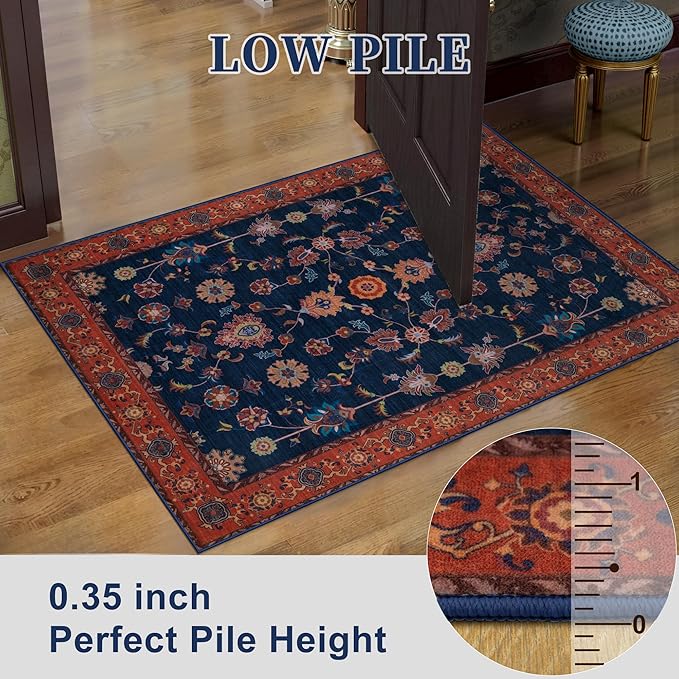 Tangsoo 2.6x12 Washable Runner Rug for Hallway Non Slip, Boho Floral Vintage Red Blue Carpet Long Runner Rugs for Entryway Kitchen, Floor Low Pile Runners for Laundry Bedroom Alfombra Farmhouse