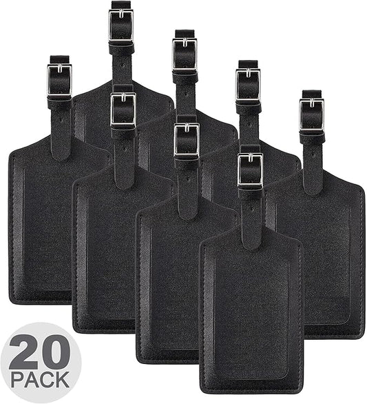 Travelambo 20 Pack Luggage Tags Faux Leather for Suitcases Travel Bag Labels with Protection Cover ID (Black)