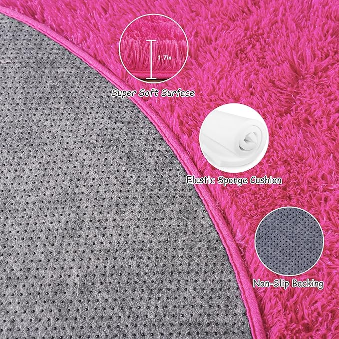 Round Fluffy Rugs 5Ft for Girls Bedroom, Hot Pink Shag Circle Kids Rug Non-Slip for Bedside Dorm Nursery Playroom, Soft Cute Area Rugs for Living Room Decor