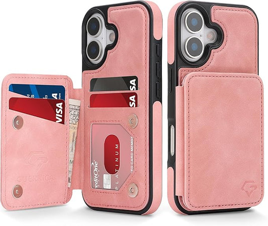 GUERNICA for iPhone 17 (6.1") Case Wallet with Card Holder, RFID Blocking Leather Protection, Shockproof Women Men Phone Case for Apple 17, Pink