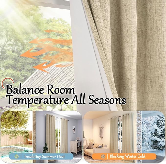 60 Inch Wide Linen Blackout Curtains for Living Room/Bedroom 84 Inch Length 2 Panels, Total Black Out Thermal Insulated Soundproof Grommet Boho Window Drapes White Liner for Modern Farmhouse, Burlap