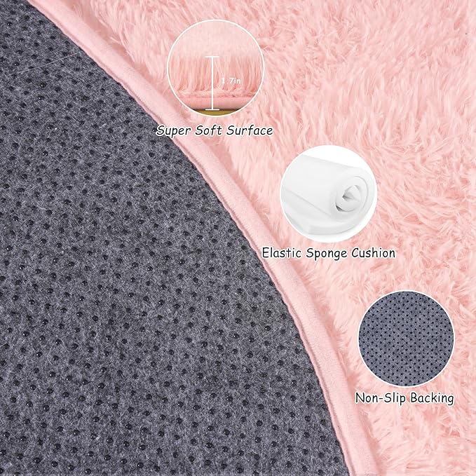 Round Fluffy Rugs 8Ft for Girls Bedroom, Pink Shag Circle Kids Rug Non-Slip for Bedside Dorm Nursery Playroom, Soft Cute Area Rugs for Living Room Decor