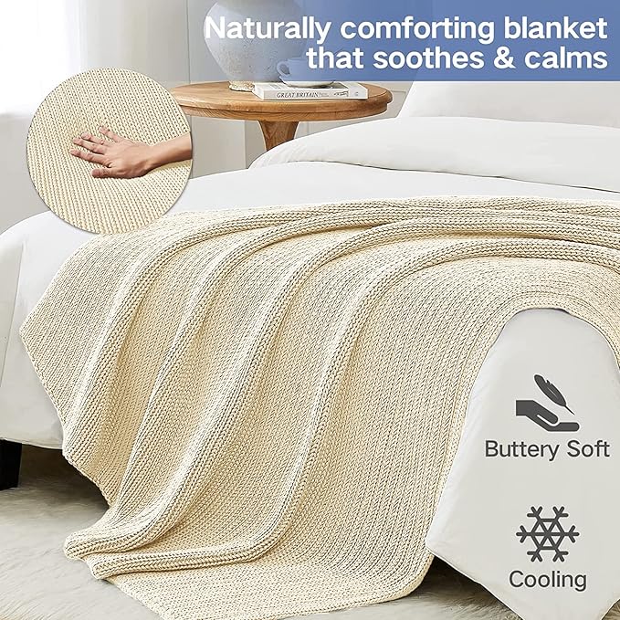 Guohaoi Knitted Weighted Blanket Kids (Cream 50"x60" 10lbs) No Beads Cooling Heavy Blanket, Home Decor Breathable Chunky Knit Throw Blanket for All-Season Use