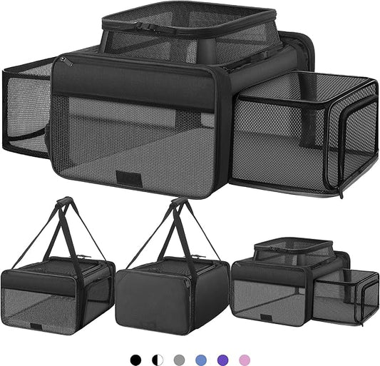 Top and 2 Sides Expandable Large Cat Carrier 18x13.5x9.5, TSA Airline Approved Dog Carriers for Large Dogs, Soft-Sided Pet Carrier with Self-Locking Zippers for Kitten,Rabbit, Puppy, Guinea Pig Black
