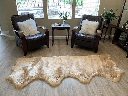 LAMBZY Faux Sheepskin Super Soft Hypoallergenic Silky Shag Rug for Living Room, Kids Room, Sofa (Quarto 4 Pelts Side by Side 3'x8', Beige)