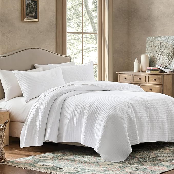 WDCOZY 100% Cotton Twin Size Quilt Set - White Striped Pick Stitch Soft Lightweight Bedspread, Textured Like Linen, Farmhouse Country Rustic Coverlet, Shabby Chic Gauze Bedding, 2 Pieces
