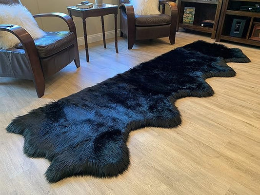 LAMBZY Faux Sheepskin Super Soft Hypoallergenic Silky Shag Rug for Living Room, Kids Room, Sofa (5 Pelts Side by Side 3'x10', Black)