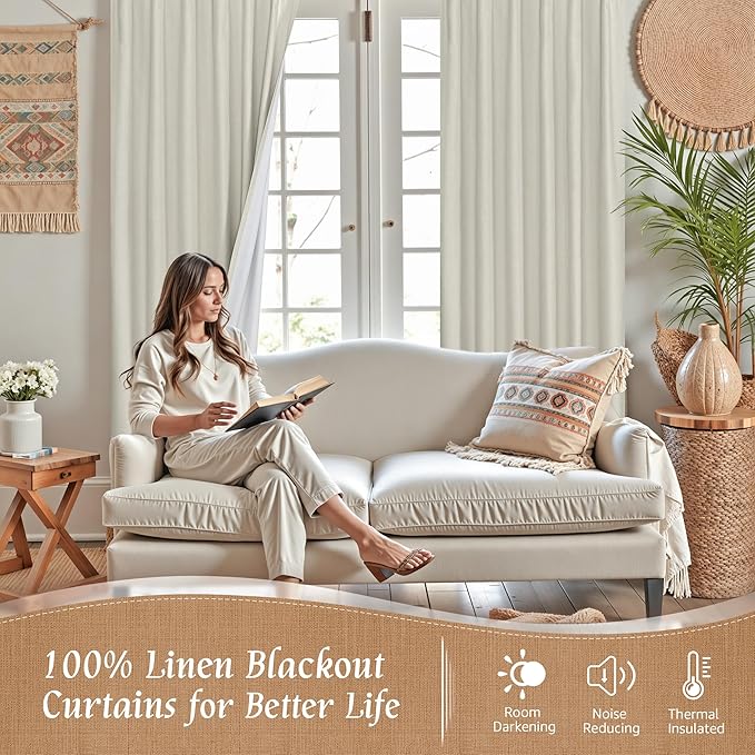 LAMIT Short Linen Curtains 40 Inches Long for Small Window, 100% Blackout Linen Textured Thermal Curtains Back Tab and Rod Pocket Panels with White Liner for Cafe, 2 Panels, 34 x 40 Inch, Stone
