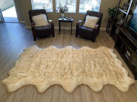 LAMBZY Faux Sheepskin Super Soft Hypoallergenic Silky Shag Rug for Living Room, Kids Room, Sofa (Decto 10 Pelts 6'x10', White/Brown Tips)
