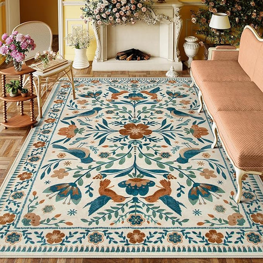 Moynesa Washable 8x10 Area Rugs for Living Room Bedroom Dining Room, Modern Bohemian Farmhouse Floral Bird Print Pattern Medallion Carpet, Retro Home Decor Open Floor Areas Non-Slip Protection