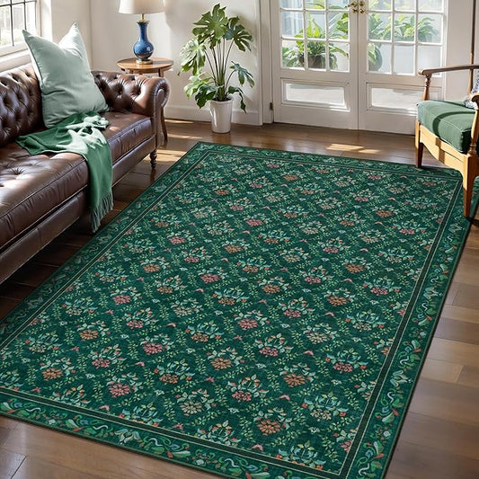 Tangsoo 5x7 Washable Area Rug, Non Slip Green Floral Indoor Rug, Soft Low Pile Floor Carpet for Living Room, Bedroom, Dining Room, Pet & Child Friendly Room Decor, Easy to Clean