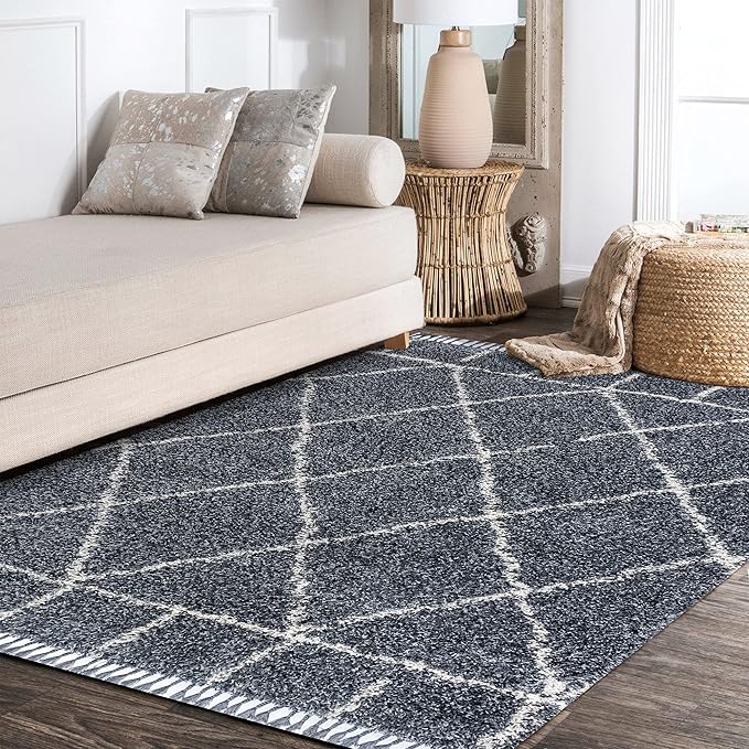 JONATHAN Y Mercer Shag Plush Tassel Blue/Cream Indoor Area Rug, 4x6, Moroccan Geometric Trellis, Easy-Cleaning for Living Room, Bedroom, Kitchen, Pet Friendly, Non-Shedding (MCR101A-4)