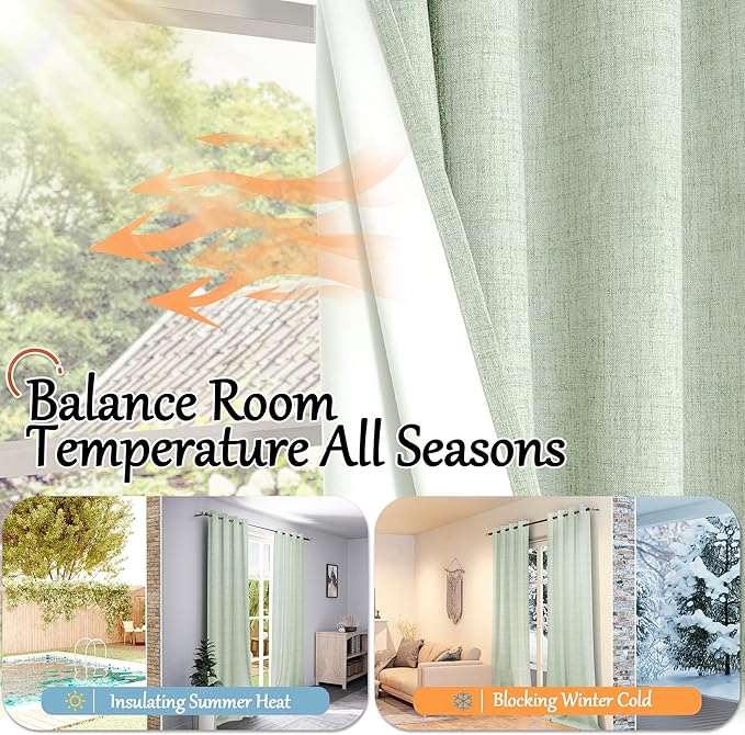 Lajode Sage Green Blackout Curtains for Living Room - Spring Linen Curtains 84 Inch Length Thermal Insulated Privacy Burlap Window Drapes for Bedroom Scandinavian Farmhouse, 2 Panels Each 52" Wide