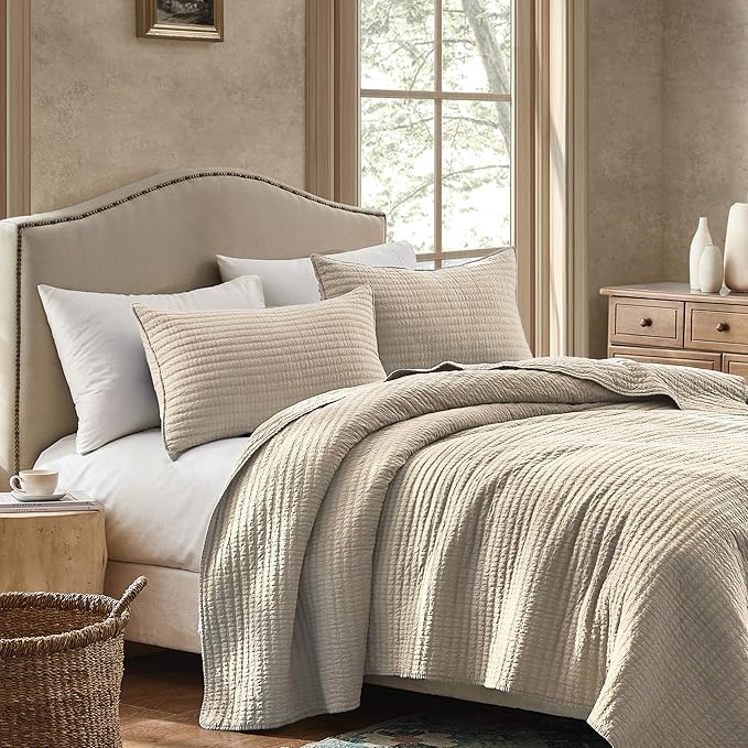 WDCOZY 100% Cotton Twin Size Quilt Set - Beige Neutral Striped Pick Stitch Soft Lightweight Bedspread, Textured Like Linen, Farmhouse Country Rustic Coverlet, Shabby Chic Gauze Bedding, 2 Pieces