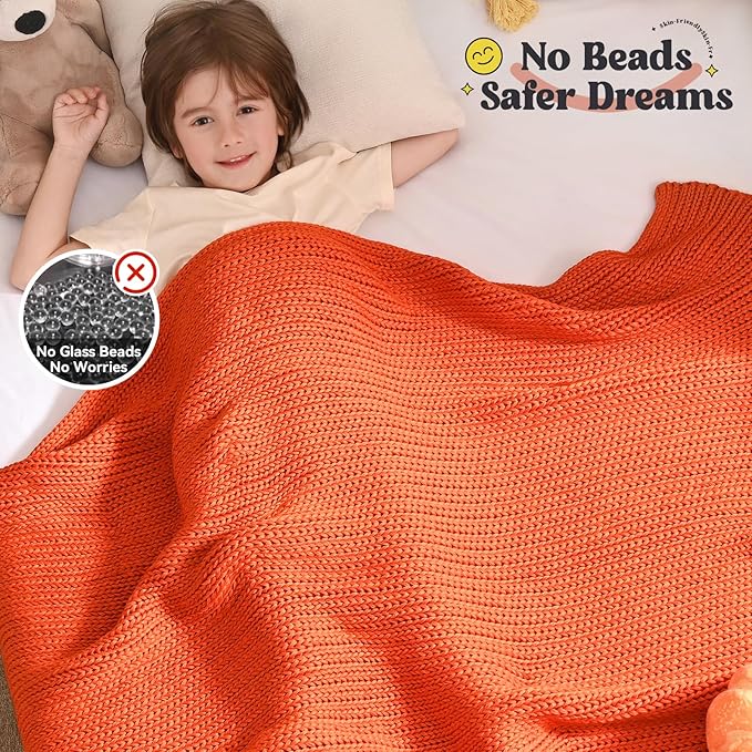 Guohaoi Knitted Weighted Blanket Kids (Orange 36"x48" 3lbs) No Beads Cooling Heavy Blanket, Home Decor Breathable Chunky Knit Throw Blanket for All-Season Use