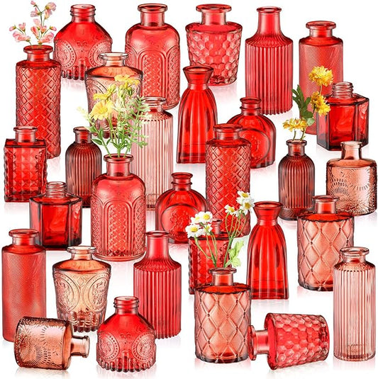 Yaomiao 30 Pcs Vases Bulk Colored Flower Glass Bud Vases Valentine Vintage Colored Glass Bottles Colorful Rustic Embossed for Home Wedding Table Decorations Gifts (Red Series)