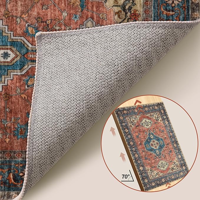 Tangsoo 2x5 Washable Runner Rug for Hallways, Non Slip Vintage Runner Rug, Soft Low Pile Long Rug Runner, Print Distressed Carpet Runners for Kitchen Bedroom Entryway Bathroom Living Room Terracotta