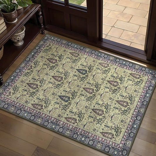 Tangsoo 2x3 Small Washable Entry Rug, Vintage Boho Purple Floral Rug for Entryway Bedroom Entrance, Non Slip Soft Low Pile Door Mat Throw Carpet for Kitchen Bathroom Foyer Decor