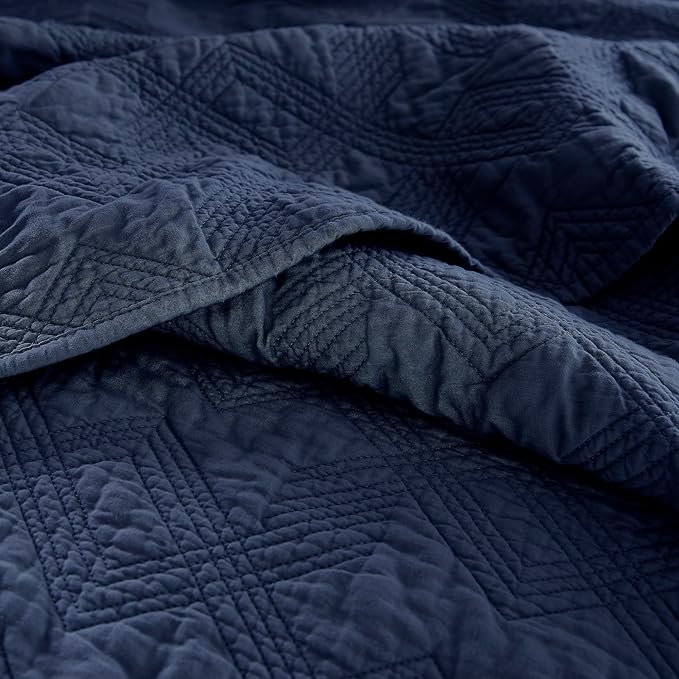 WDCOZY 100% Cotton Queen Size Quilt Set - Navy Blue Pre-Washed Soft Lightweight Modern Bedspread, Farmhouse Country Rustic Coverlet, Textured Like Linen, Shabby Chic Gauze Bedding, 3 Pieces