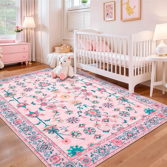 Tangsoo 4x6 Washable Area Rug, Non Slip Pink Floral Rug for Bedroom Girls Nursery Bedside, Soft Low Pile Floor Carpet Indoor Mat Cute Home Decor for Office Classroom Reading Corner Baby Teen Room