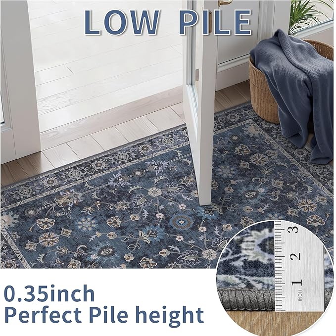 Tangsoo 5x7 Blue Area Rug for Bedroom Living Room, Washable Vintage Floral Rug Non Slip, Low Pile Stain Resistance Distressed Retro Indoor Boho Carpet for Laundry Farmhouse Dinning Room Mat Home Decor