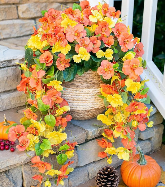 HyeFlora Hibiscus Fall Flowers Artificial Hanging Flowers Plants for Outdoors Autumn Decoration, 4pcs Silk Hibiscus Vines Realistic UV Resistant Faux Flowers for Outside Planters Yard Garden Home, Mix