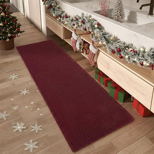 Upgraded Christmas Waffle Runner Rug Super Absorbent Non Slip Bath Mats for Bathroom Washable Bathroom Runner Rug with Tassels, Ideal for Hallway Bedroom Laundry Room, 2'x 6'(24" x 72"), Burgundy