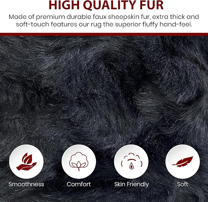 LAMBZY Faux Sheepskin Super Soft Hypoallergenic Silky Shag Rug for Living Room, Kids Room, Sofa (Decto 10 Pelts 6'x10', Black)