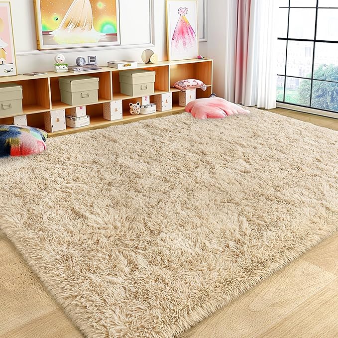 Large 9x12 Area Rug for Living Room, Soft Shag Thick Fluffy Plush Fuzzy Carpet for Bedroom, Non Slip Dorm Rug for Home Decor Aesthetic, Camel