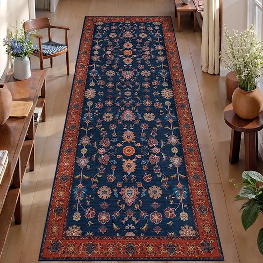 Tangsoo 2x10 Washable Runner Rug for Hallway Non Slip, Boho Floral Vintage Red Blue Carpet Long Runner Rugs for Entryway Kitchen, Floor Low Pile Runners for Laundry Bedroom Alfombra Farmhouse