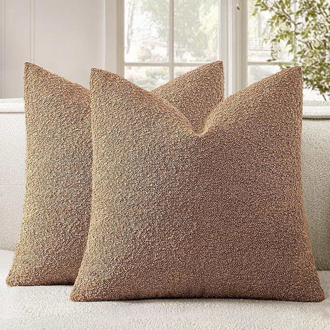 Woaboy Pack of 2 20x20 Inch Decorative Boucle Throw Pillow Covers Textured Square Pillowcaes Accent Solid Cozy Soft Cushion Covers Home Decor for Sofa Couch Living Room Home Decor,Brown