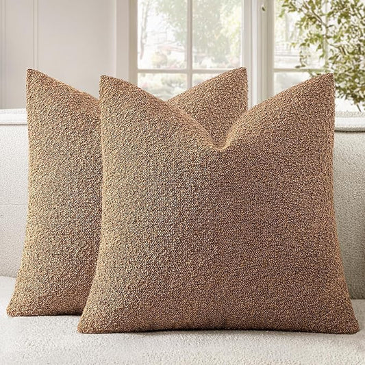 Woaboy Pack of 2 20x20 Inch Decorative Boucle Throw Pillow Covers Textured Square Pillowcaes Accent Solid Cozy Soft Cushion Covers Home Decor for Sofa Couch Living Room Home Decor,Brown