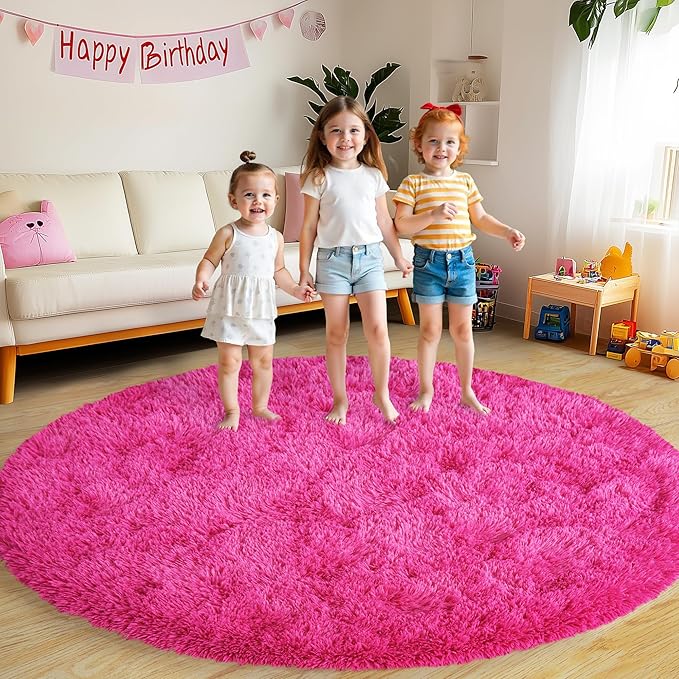 Round Fluffy Rugs 8Ft for Girls Bedroom, Hot Pink Shag Circle Kids Rug Non-Slip for Bedside Dorm Nursery Playroom, Soft Cute Area Rugs for Living Room Decor