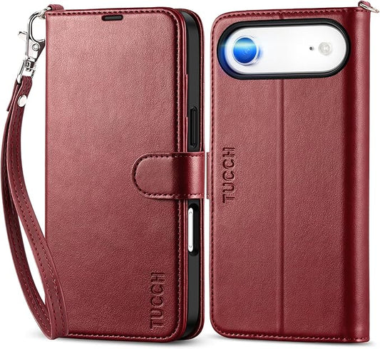TUCCH Case Wallet for iPhone Air (6.5-Inch) 2025, Wrist Strap | Stand | RFID Blocking | 4 Card Holders | TPU Shockproof Inner Shell | PU Leather | Magnetic Folio Cover | Dark Red