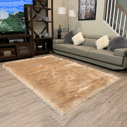 LAMBZY High Pile Super Fluffy Soft Faux Sheepskin Rug | Faux Sheepskin Rugs for Living Room Playroom Bedroom | Classic Super Soft to Touch Rug (6'x9', Beige)