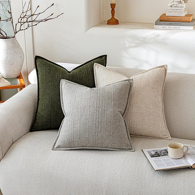 a moment Linen Pillow Covers Set of 2,Boho Farmhouse Throw Pillowcases Neutral Textured Decorative Covers for Couch Sofa,Linen Blend Accent Case Cushion Living Room Home Decor 24"x24"Dark Green