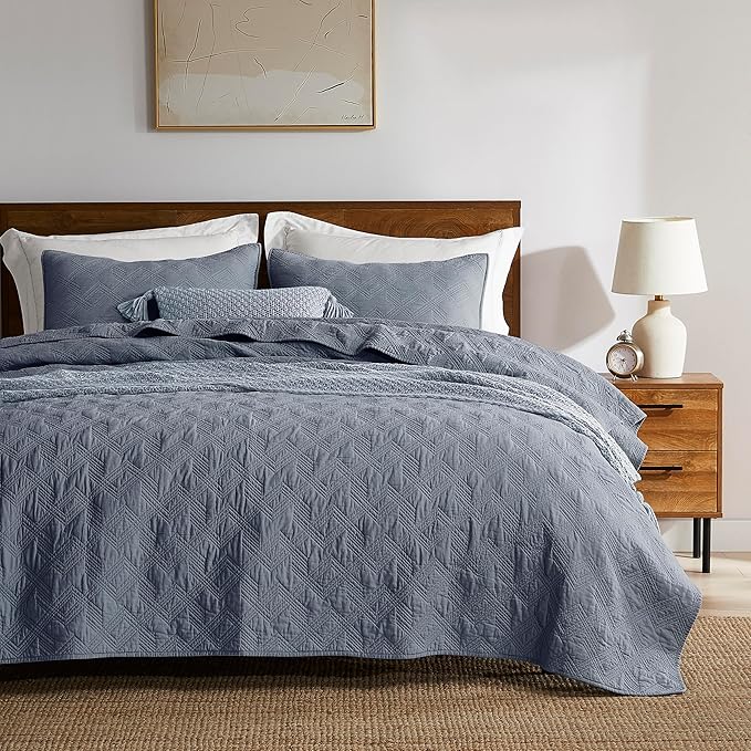 WDCOZY 100% Cotton King Size Quilt Set - Dusty Blue Pre-Washed Soft Lightweight Modern Bedspread, Farmhouse Country Rustic Coverlet, Textured Like Linen, Shabby Chic Gauze Bedding, 3 Pieces