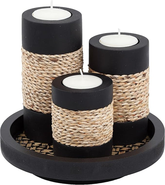 IYARA CRAFT Tealight Candle Holders with Tray – Set of 3 Rustic Black Wooden Candle Holders with Natural Rope Accent, Cozy Home Décor Centerpiece for Living Room, Christmas & Housewarming Gifts
