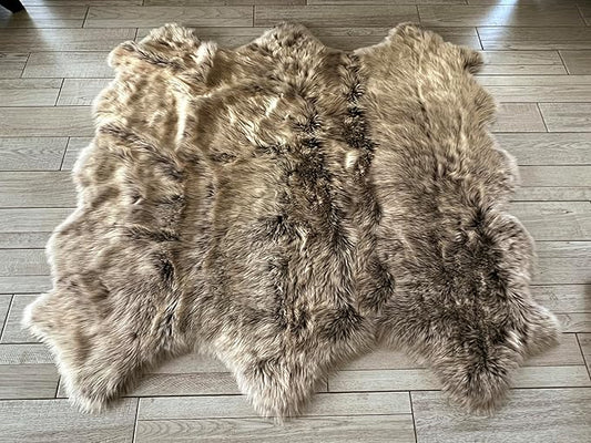 Free Shape Luxury Soft Fluffy Shag Area Rug Sexto 6 Pelts 6'x6',180x180 cm - Vegan Fur Ultra Soft Indoor Carpet Nursery Rugs for Bedroom Home Decor, Brown with Beige Tips