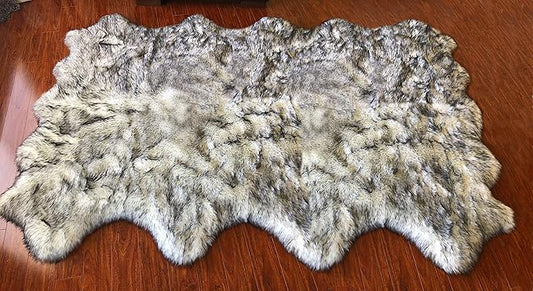 Free Shape Luxury Soft Fluffy Shag Area Rug Octo 8 Pelts 6'x8',180x240 cm - Vegan Fur Ultra Soft Indoor Carpet Nursery Rugs for Bedroom Home Decor, White with Black Tips